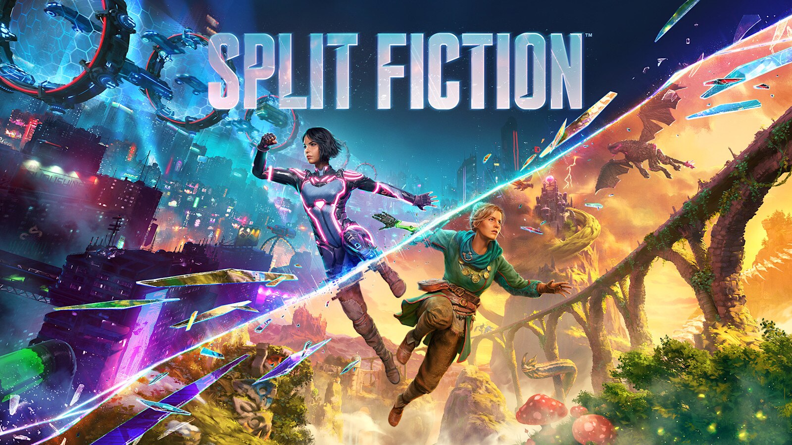 Ключевой арт Split Fiction: неоновый sci-fi город слева и фэнтези-мир справа